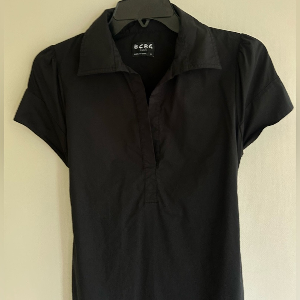 BCBG Paris Black Collared Shirt Dress Minimalist Capsule Luxury Stretch Cotton 6 - Picture 4 of 15